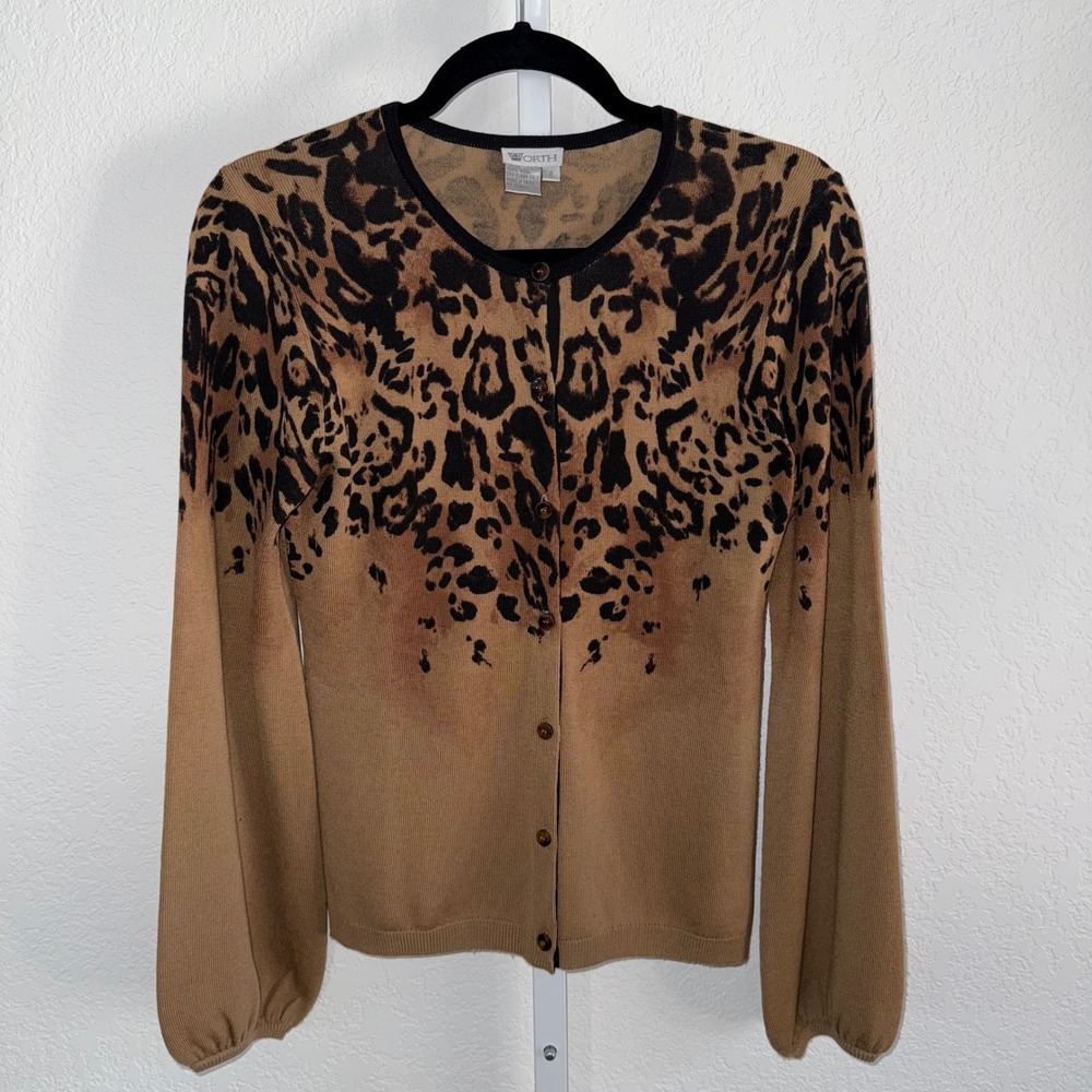 Worth Leopard Print Wool Cardigan Y2K Button Front Sweater Size S Balloon Sleeve